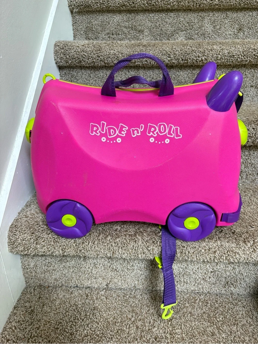 Ride'n Roll Pink Kids Ride-On Suitcase with- Purple Straps Accents